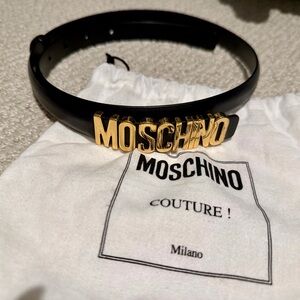 Moschino Elegant Black and Gold Logo Belt